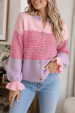Striped Button-Front Ruffle Cuff Cardigan