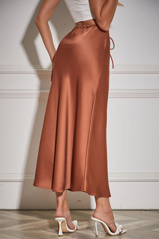 Satin Drawstring Waist Slip Midi Skirt