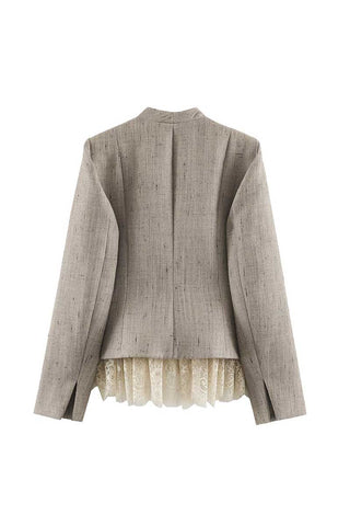 Collarless Button-Front Lace Trim Jacket