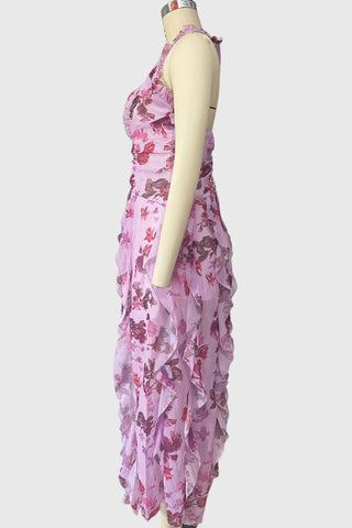 Floral Halter Ruched Ruffle Maxi Dress