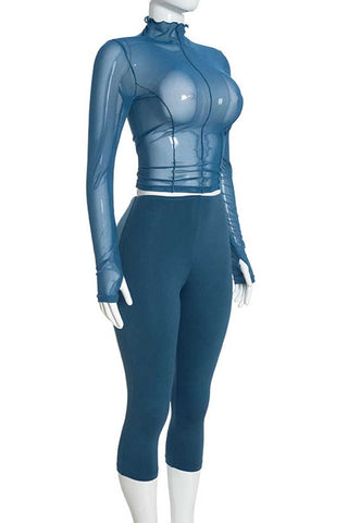 Sheer Mock Neck Crop Top and Capri Pants Set