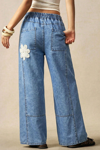 Floral Crochet Applique Drawstring Baggy Jeans