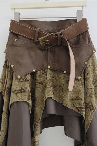 Studded Belt Layered Asymmetric Midi Skirt