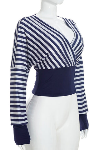 Striped Wrap V-Neck Long Sleeve Crop Blouse