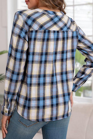 Plaid V-Neck Button-Front Long Sleeve Shirt