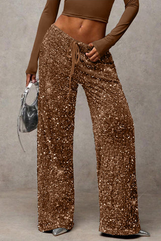 Sequin Drawstring Wide-Leg Casual Pants