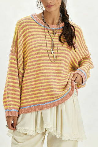 Striped Contrast Trim Crew Neck Sweater