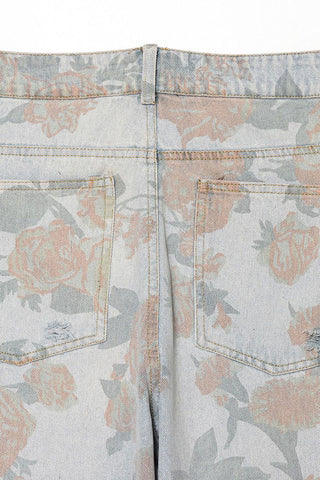Floral Print Cuffed Wide Leg Jeans