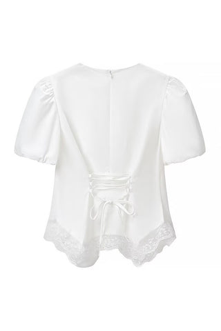 Round Neck Puff Sleeve Lace Trim Drawstring Blouse
