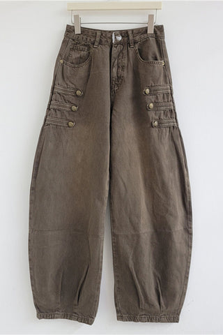 Button-Detail High-Waist Barrel Jeans