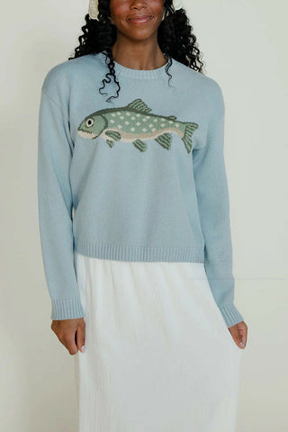 Fish Intarsia Crew Neck Knit Sweater