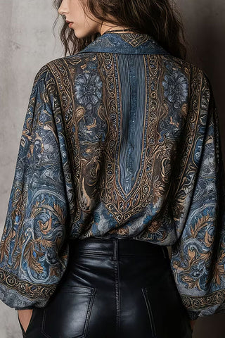 Paisley Print Bell Sleeve Collared Blouse