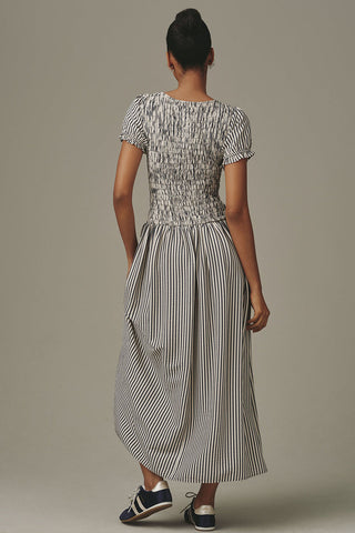Smocked Puff Sleeve Striped Midi Dress