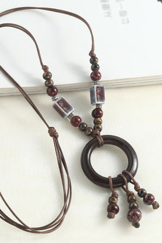 Wooden Ring Beaded Cord Necklace