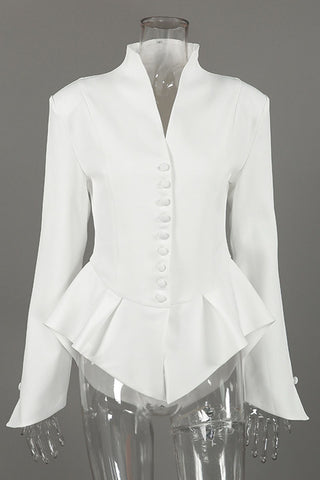Stand-Collar Peplum Button-Front Blazer
