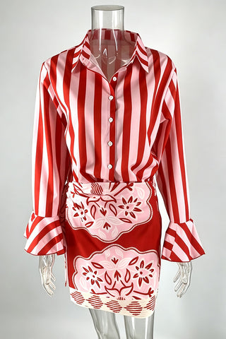 Striped Bell Sleeve Wrap Skirt Set