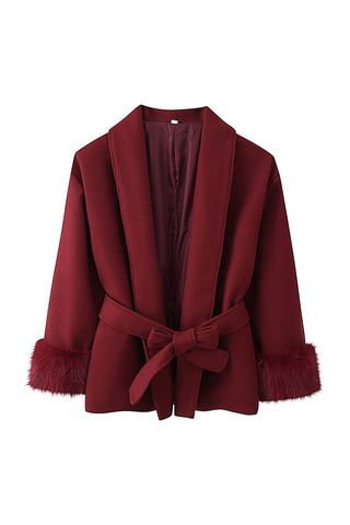 Faux Fur Cuff Wrap Belted Coat