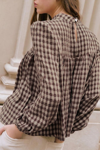 Plaid Mock Neck Puff Sleeve Blouse
