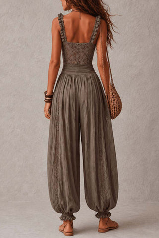 Lace Bodice Ruffle Strap Balloon Leg Jumpsuit