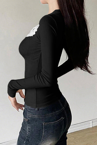 Long Sleeve Lace Trim Button-Up Blouse