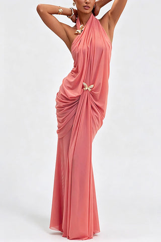 Ruched Halter Butterfly Maxi Casual Dress