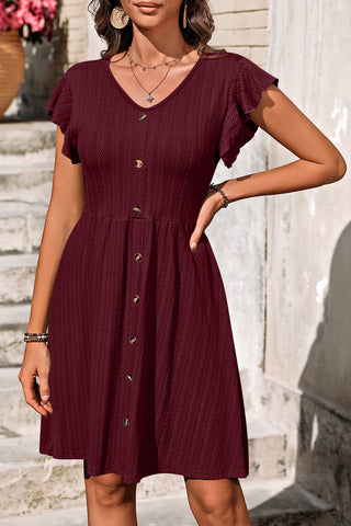 Button-Front Flutter Sleeve Dress