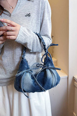 Ruched Handle Drawstring Denim Hobo Bag