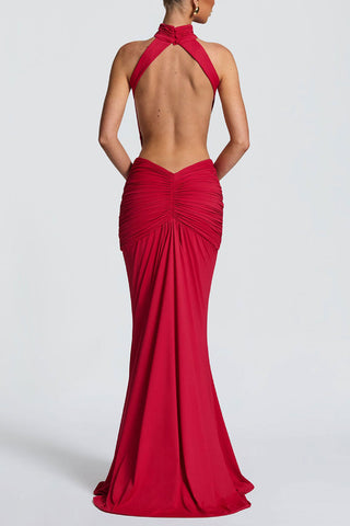 Ruched High-Neck Bodycon Maxi Dress