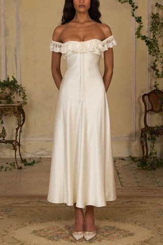 Lace Ruffle Off-Shoulder Satin Midi Dress