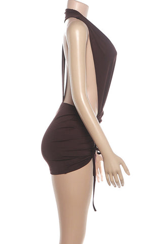 Sleeveless Plunge Neck Ruched Mini Skirt Set