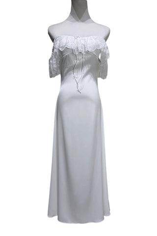 Lace Ruffle Off-Shoulder Satin Midi Dress