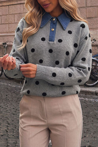 Polka Dot Denim Collar Knit Sweater