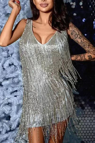 Sequin Fringe V-Neck Sleeveless Mini Dress