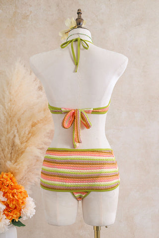 Striped Ring Cutout Halter Swimsuit