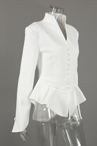 Stand-Collar Peplum Button-Front Blazer