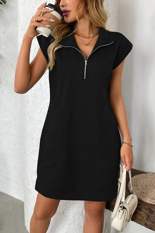 Zip-Neck Casual Dress with Cap Sleeves