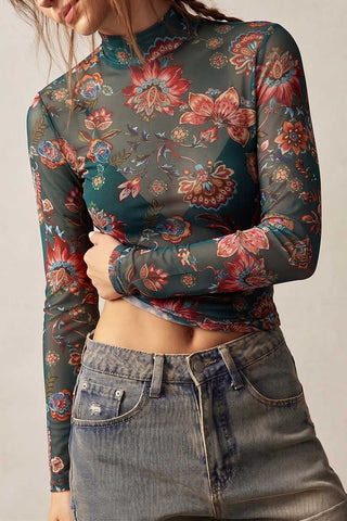 Floral Mock Neck Sheer Long Sleeve Top