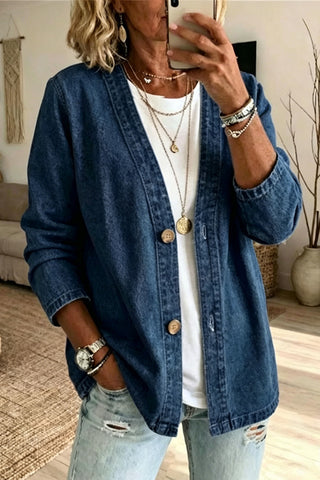 Button-Front V-Neck Denim Jacket