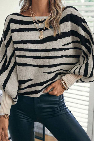Zebra Print Puff Sleeve Crew Neck Sweater