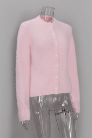 Mock Neck Button-Front Fuzzy Knit Cardigan
