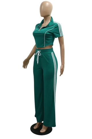 Zip-Up Crop Top and Wide-Leg Pants Set