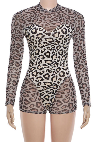 Sheer Mesh Mock Neck Leopard Romper