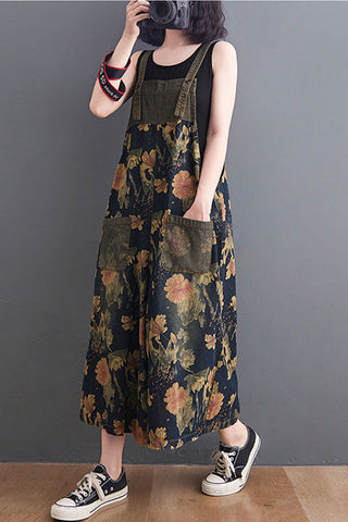 Floral Print Wide-Leg Denim Overalls
