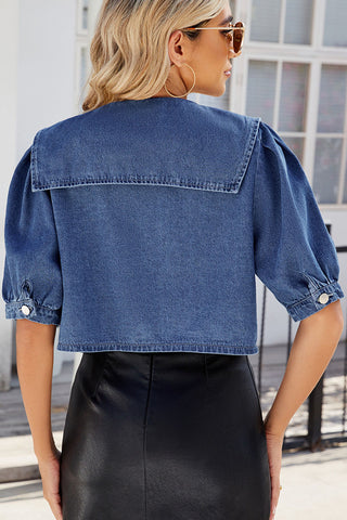 Puff Sleeve Collared Crop Denim Jacket