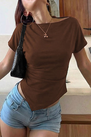 Ruched Asymmetrical Hem Short Sleeve Top