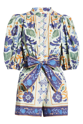 Floral Belted Puff-Sleeve Romper