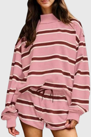 Striped Mock Neck Long Sleeve Short Set