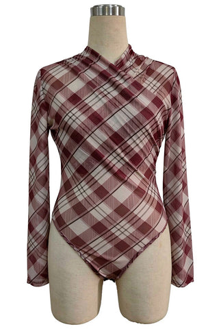 Sheer Plaid Mock Neck Long Sleeve Bodysuit