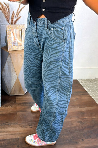 Zebra Print High-Waist Barrel Jeans