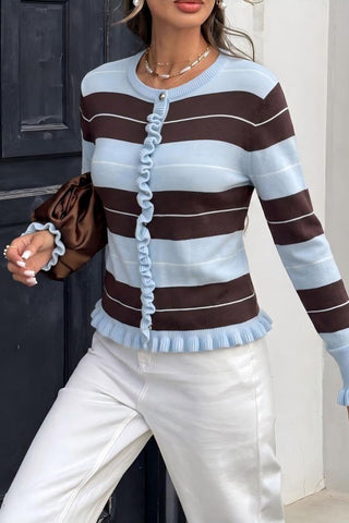 Striped Ruffle Trim Crew Neck Sweater